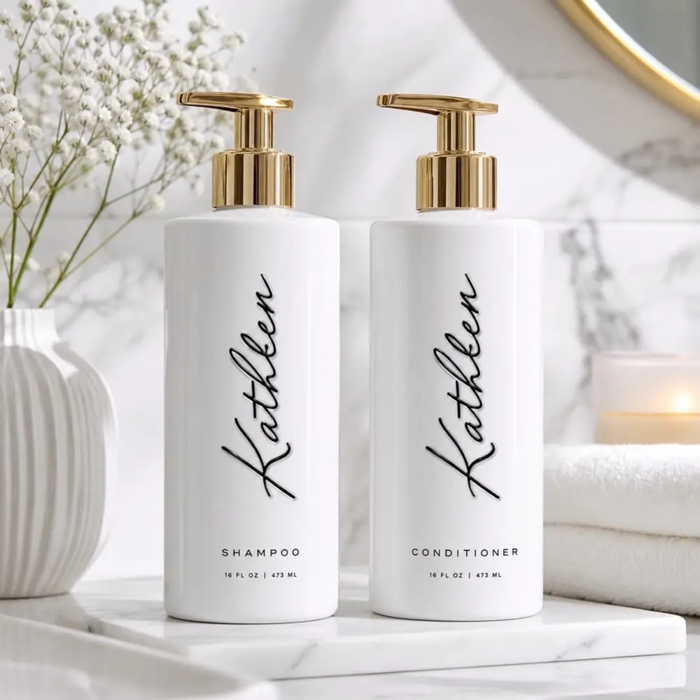Custom product labels on shampoo and conditioner bottles