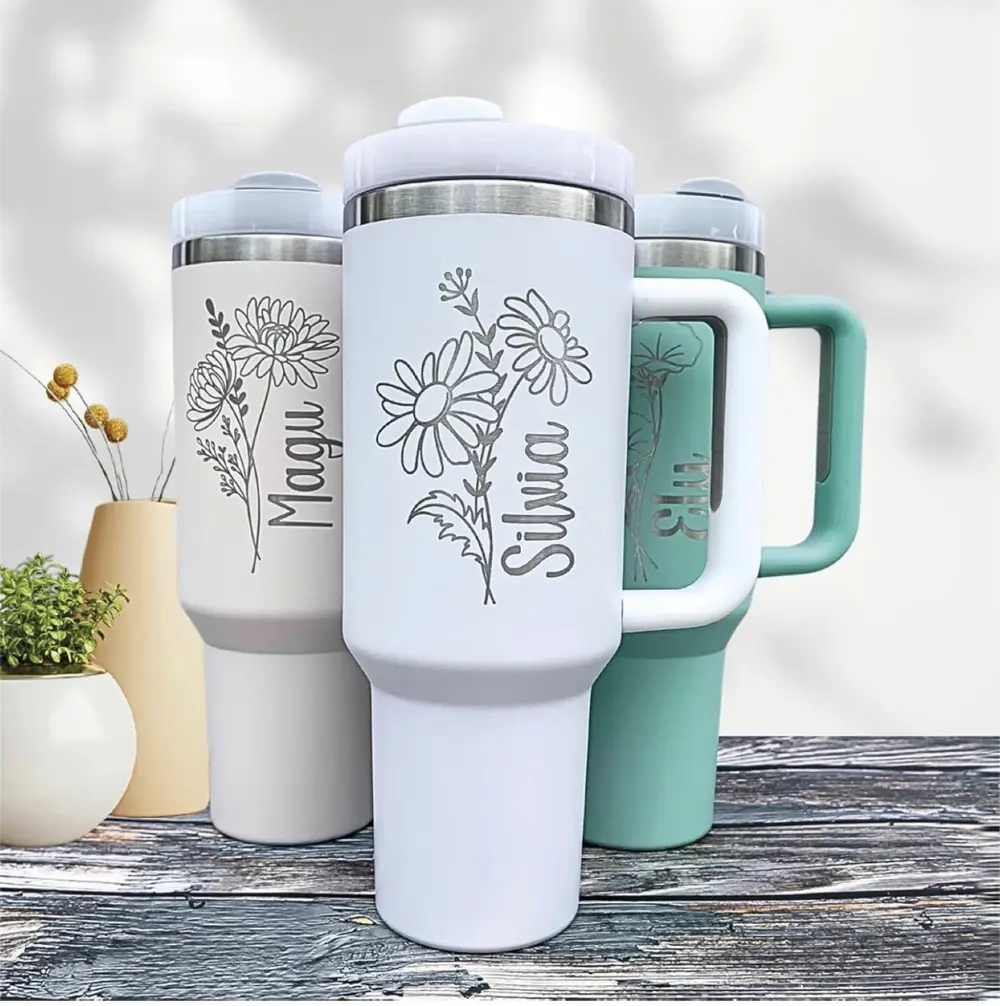 Custom floral name stickers on tumblers