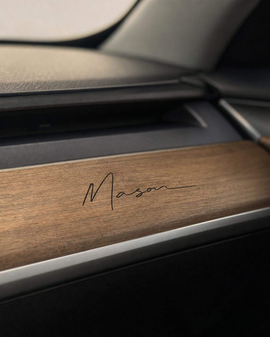 Mason signature applied to wood dashboard trim