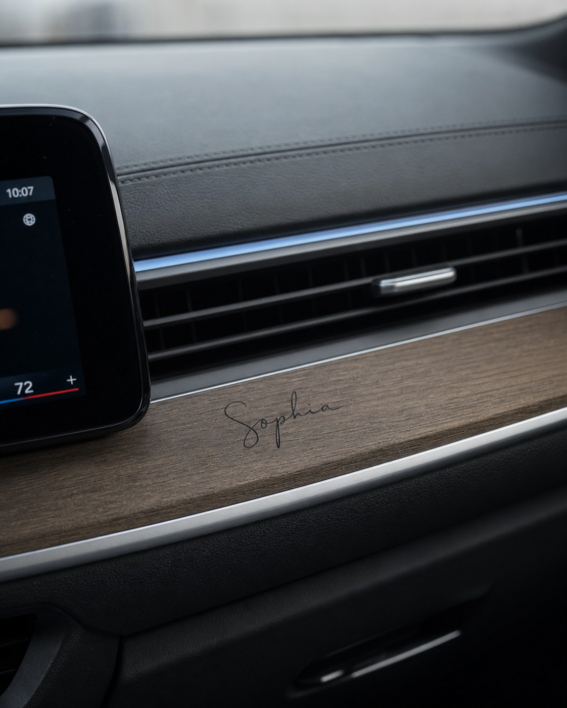 Sophia signature applied to wood dashboard trim
